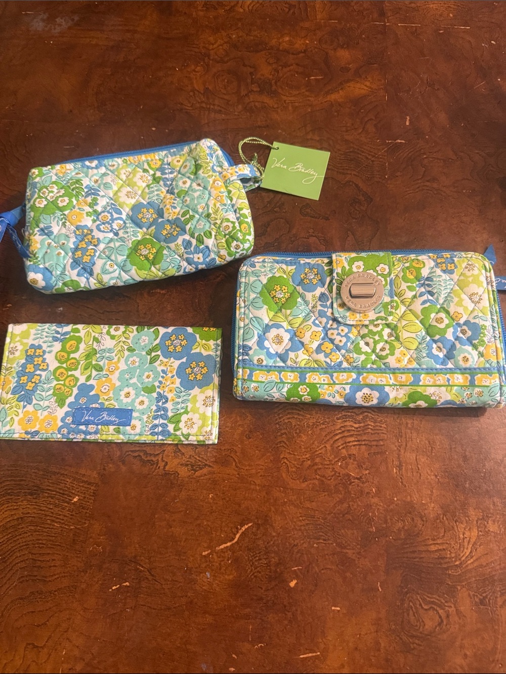 New Vera Bradley Blue, Green & Yellow Floral Quilted Wallet Trio